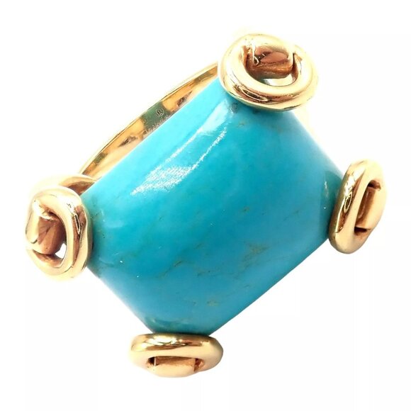 Authentic! Gucci 18K Yellow Gold Large Turquoise Horsebit Ring - Picture 1 of 14